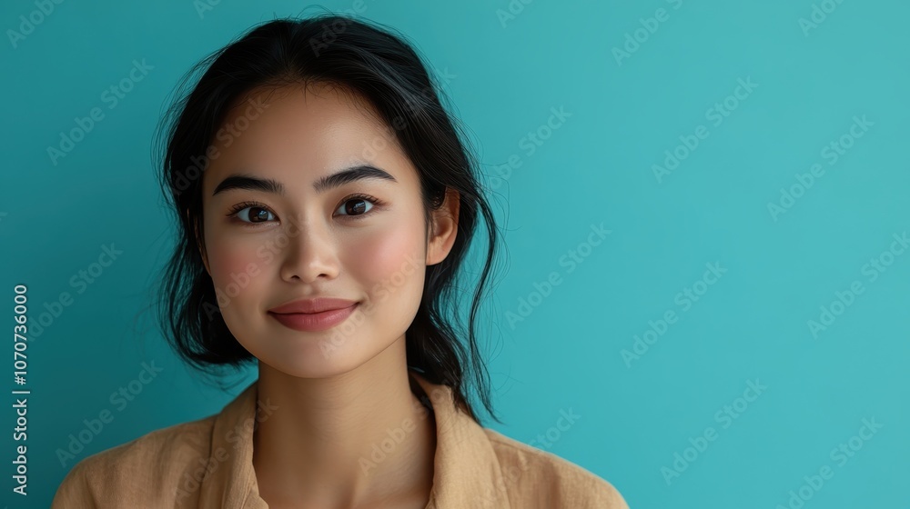 Fototapeta premium Portrait of a radiant young Thai woman with smooth skin and brown eyes, smiling in front of a soft blue background, leaving space for skincare product text.