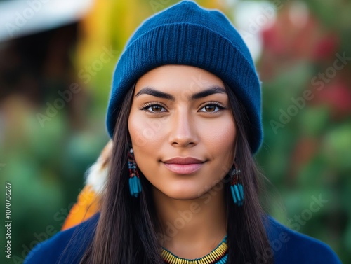 A woman wearing a blue hat and earrings photo