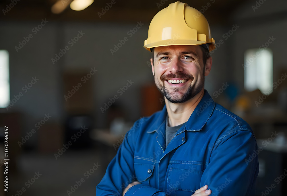 Happy middle aged man working in uniform inside of the small business factory with PPE safety plastic equipment Happy middle aged man working in uniform inside of the small business factory with PPE safety plastic equipment