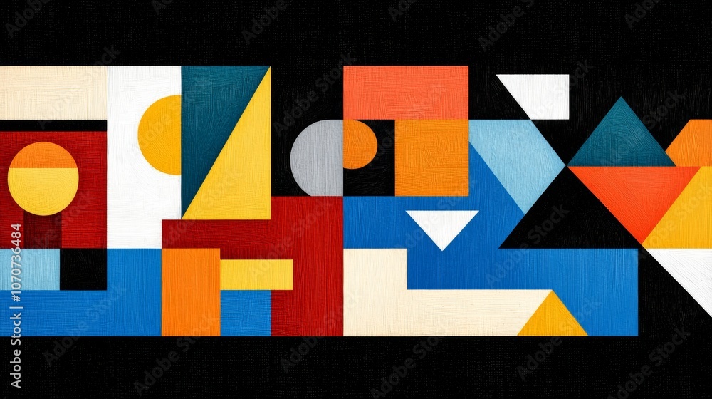 Abstract geometric shapes in a colorful pattern on a black background. Abstract geometric shapes in a colorful pattern on a black background.