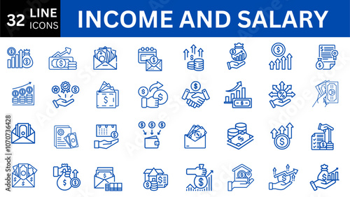 Income and Salary icon set. budget, savings, loan, cash, earning, income, wallet, currency, dollar, card, coin, revenue, piggy bank, and profit icon set. Finance business thin line icon collection