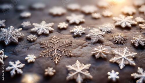 A luxurious, polished stone surface with faint, glossy imprints of snowflakes, adding a sophisticated and festive touch to the design.