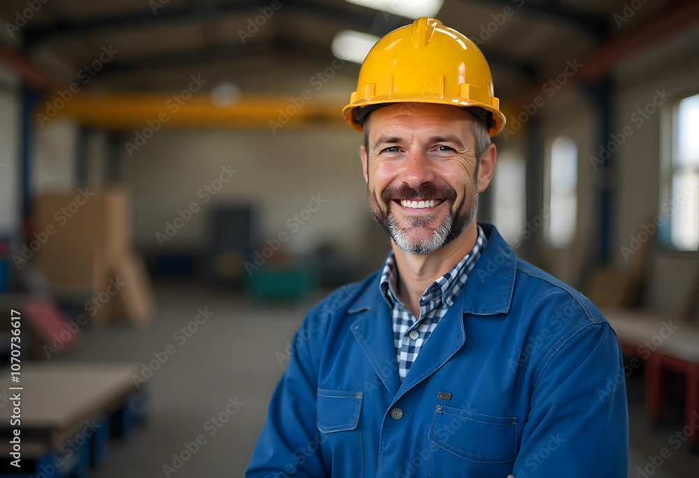 Happy middle aged man working in uniform inside of the small business factory with PPE safety plastic equipment Happy middle aged man working in uniform inside of the small business factory with PPE safety plastic equipment