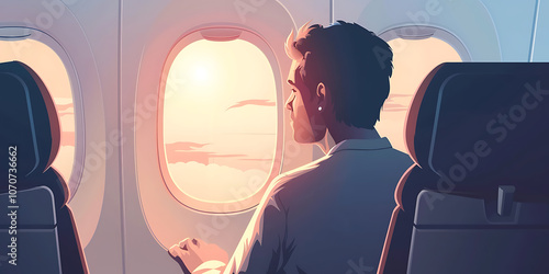 A passenger traveler looking out the window of an airplane, gazing at the clouds and vast sky, reflecting on the journey ahead with a sense of wonder and adventure.