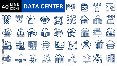 Data center icon collection set. Containing cloud computing, security, hosting, computer, internet, server, information technology icon. Simple flat vector illustration.