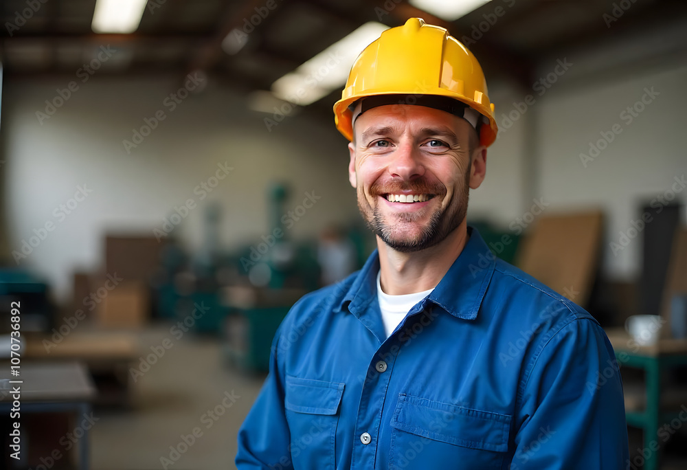Middle aged man wearing a plastic yellow safety hat inside of a manufacturing space Middle aged man wearing a plastic yellow safety hat inside of a manufacturing space