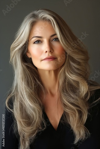 A woman with long blonde hair is posing for a portrait