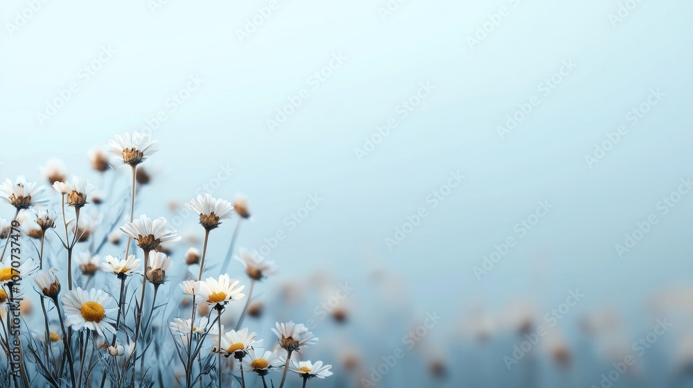 The tranquil beauty of a wild daisy field bathed in soft morning mist The tranquil beauty of a wild daisy field bathed in soft morning mist