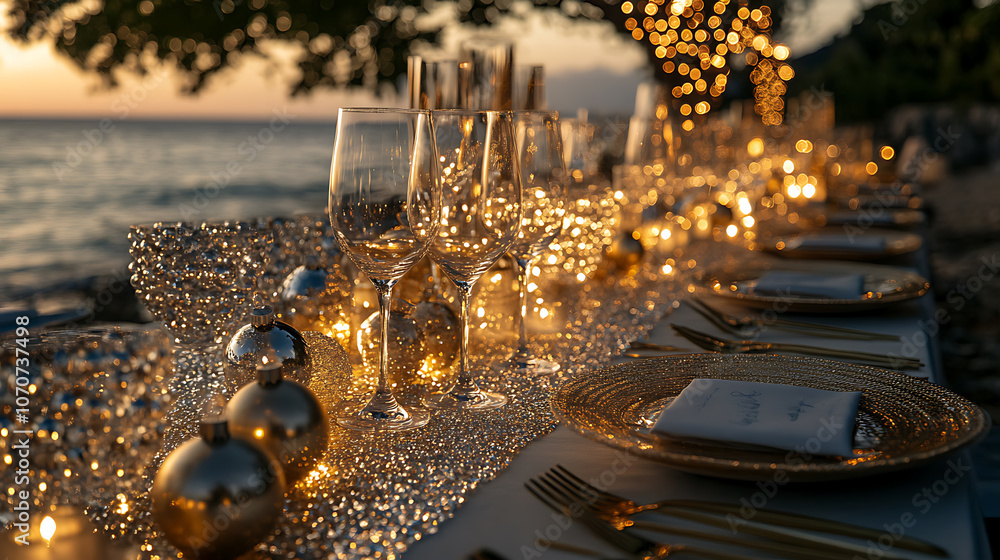 Wedding table setting on the beach at sunset. Selective focus. Wedding table setting on the beach at sunset. Selective focus.