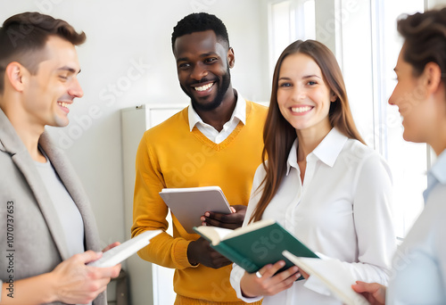 Group of three work colleagues in business casual cloths smiling and holding papers and notebooks in bright office space