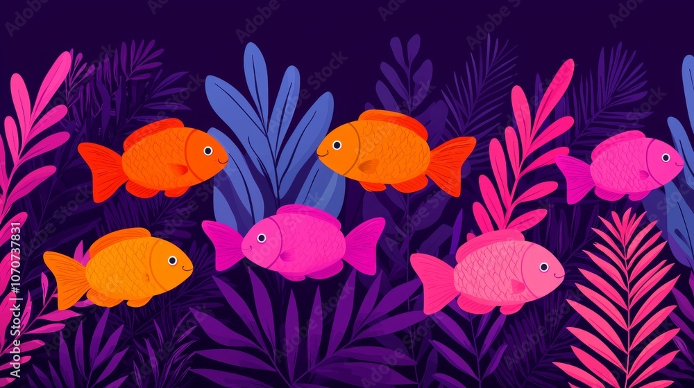 Seamless pattern with colorful fish swimming among vibrant leaves on a dark background. Seamless pattern with colorful fish swimming among vibrant leaves on a dark background.
