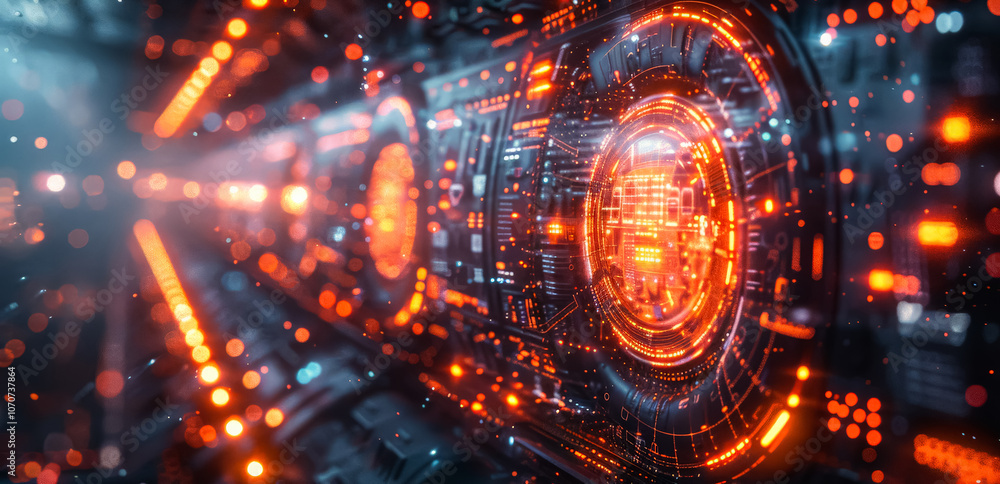 Futuristic space scene with glowing lights and a glowing circle in the center. The circle is surrounded by a series of smaller circles, all of which are glowing brightly. The scene is full of energy Futuristic space scene with glowing lights and a glowing circle in the center. The circle is surrounded by a series of smaller circles, all of which are glowing brightly. The scene is full of energy