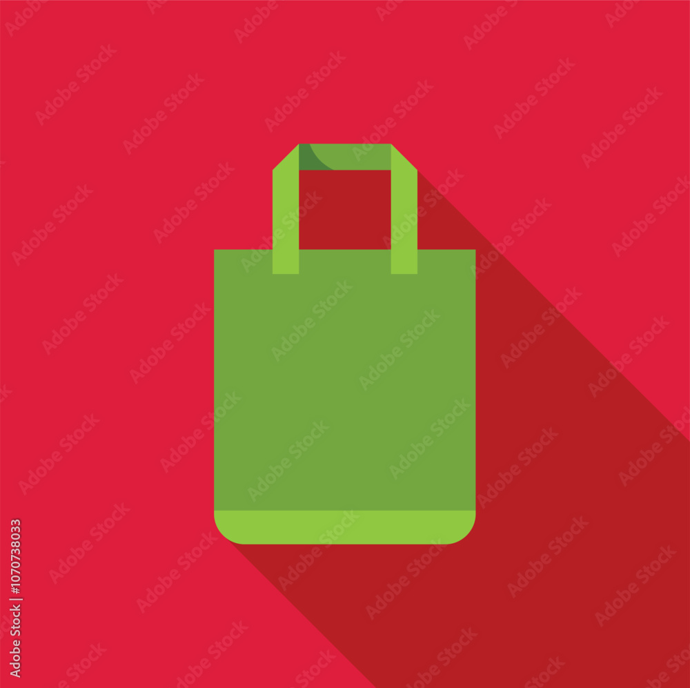 Green shopping bag casting a long shadow on a vibrant red background, representing consumerism, retail, and eco friendly practices Green shopping bag casting a long shadow on a vibrant red background, representing consumerism, retail, and eco friendly practices