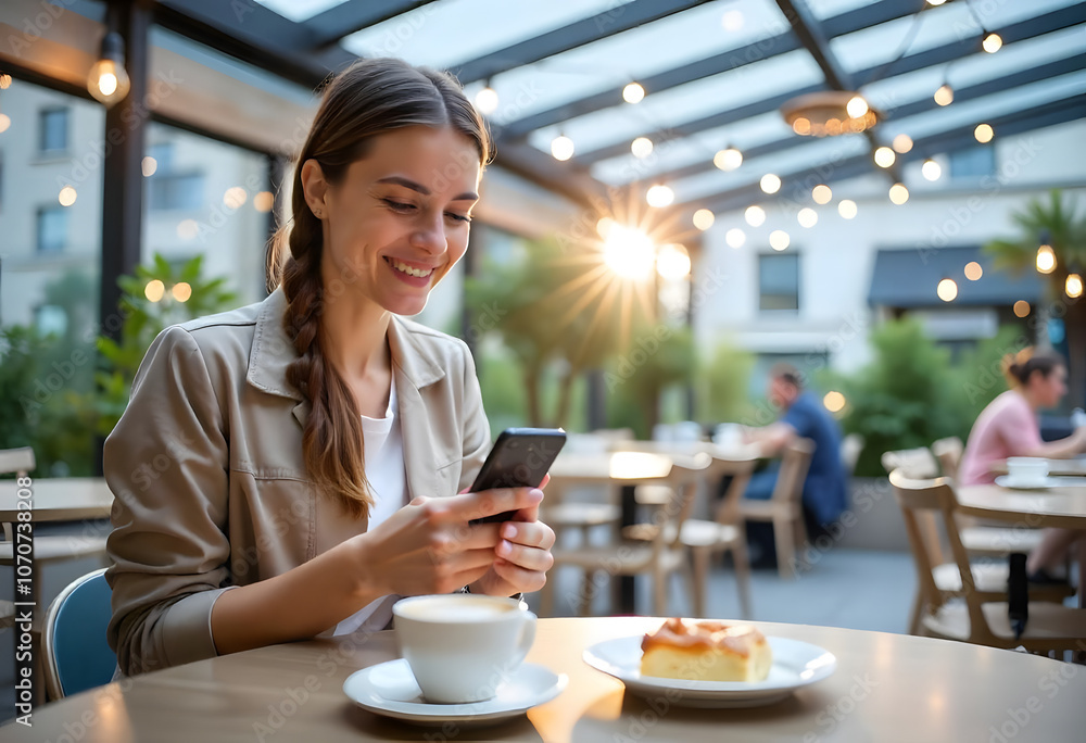 Beautiful young woman in her 20s sitting in a bright coffee place and using her phone while smiling Beautiful young woman in her 20s sitting in a bright coffee place and using her phone while smiling