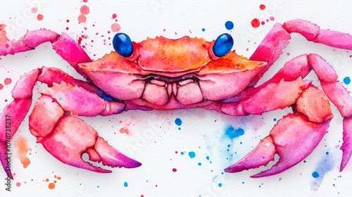 Watercolor painting of a pink crab with blue eyes on a white background with colorful splatters. photo