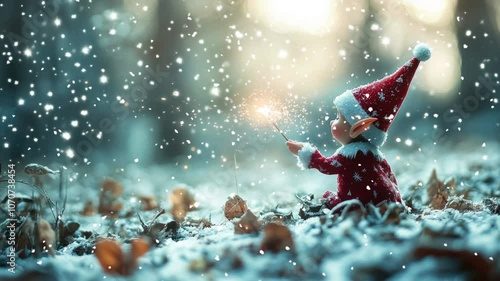 In a snowy wonderland, an adorable elf holds a glowing sparkler, embodying the spirit of enchantment and playfulness in the midst of a magical and dreamy landscape. photo