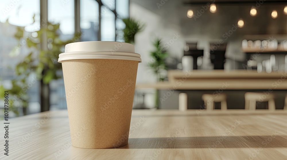 A sleek mockup of a paper cup with a cap in a bright coffee shop setting, providing plenty of copy space for logos or messages. Perfect for advertising. A sleek mockup of a paper cup with a cap in a bright coffee shop setting, providing plenty of copy space for logos or messages. Perfect for advertising.