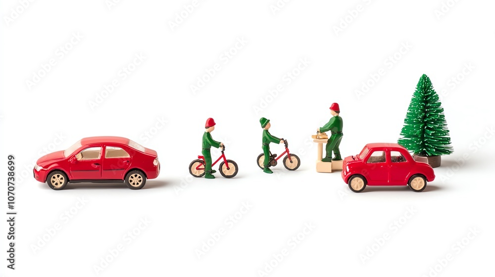 Fototapeta premium Elf team assembling miniature bikes and cars, festive workshop decor, isolated on white, toy assembly, Christmas elf scene