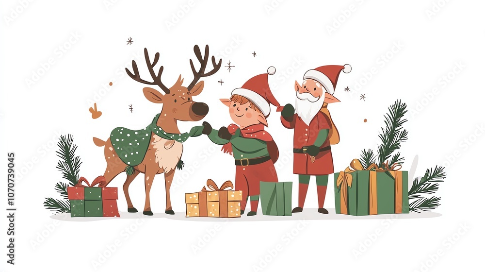 Fototapeta premium Elves placing festive blankets on reindeer in cozy holiday stable, warm seasonal colors, Santa s reindeer, holiday care