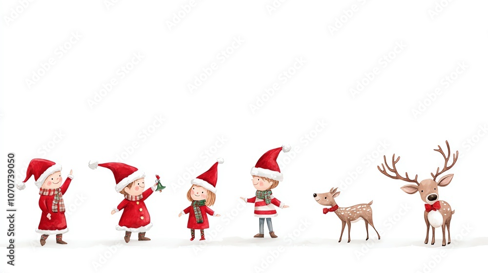 Fototapeta premium Elves playing with reindeer in snow, decorated antlers and bells, cozy holiday setting, Santa s helpers, Christmas reindeer