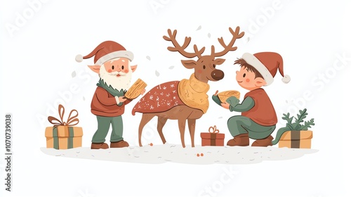 Elves placing festive blankets on reindeer in cozy holiday stable, warm seasonal colors, Santa s reindeer, holiday care photo