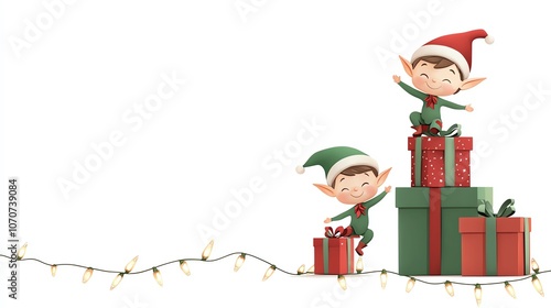 Elves stacking presents in Santas vibrant workshop, holiday lights and garlands, isolated on white, Christmas workshop, festive elves