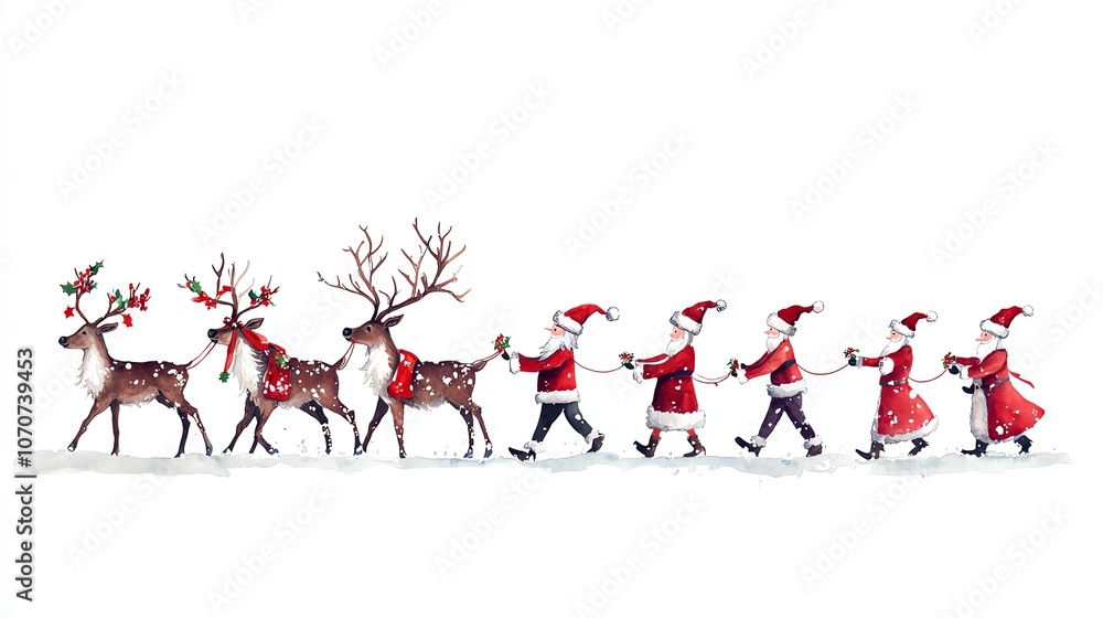 Group of Santa s helpers leading reindeer with decorated antlers through snowy scene, holiday cheer, reindeer and elves, Christmas Group of Santa s helpers leading reindeer with decorated antlers through snowy scene, holiday cheer, reindeer and elves, Christmas
