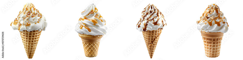 Vanilla Ice Cream Cone with Caramel Coating Isolated on White and Transparent Background Vanilla Ice Cream Cone with Caramel Coating Isolated on White and Transparent Background