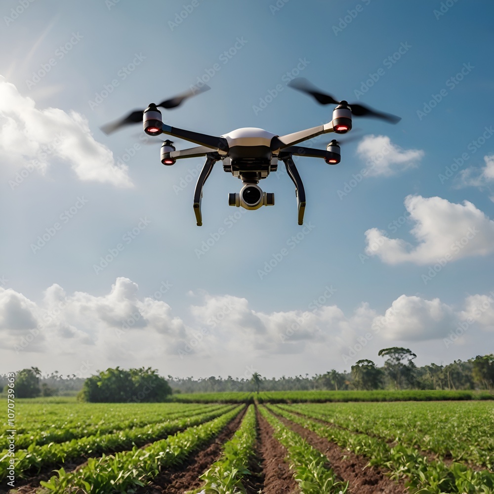 Drone flying on the green field with plants. Drone flying on the green field with plants.