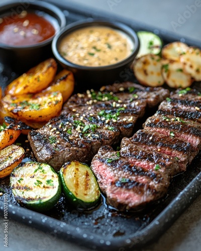 Savor the flavor grilled steak with seasonal vegetables and dipping sauces for a perfect meal