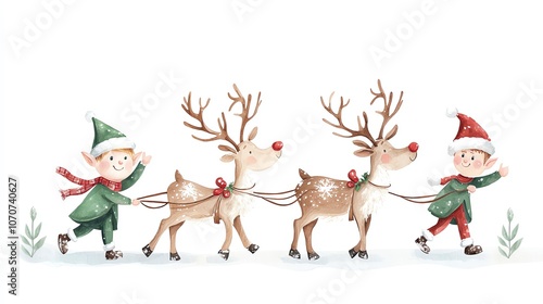 Playful elves harnessing reindeer with festive decor, snowdusted scene, Santa s helpers, Christmas reindeer photo