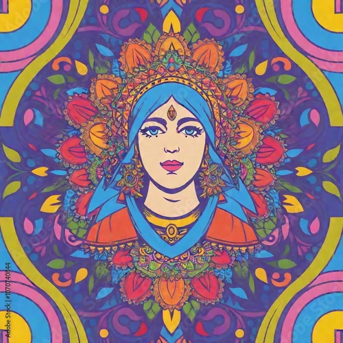 vector colorful illustration of a beautiful woman with floral ornament and a crown on the head of the indian girl