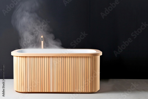 minimalist wooden cold plunge tub with steam rising against dark backdro