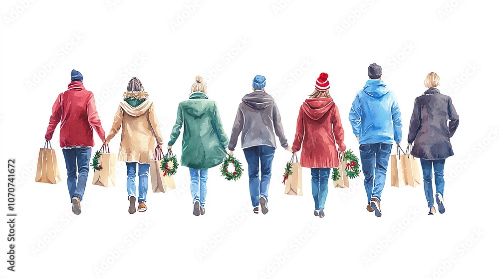 Fototapeta premium Shoppers carrying bags in festive mall, decorated with holiday wreaths and lights, Christmas shopping, crowded mall