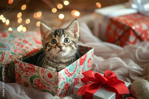 Festive kitten in holiday gift box with christmas lights photo