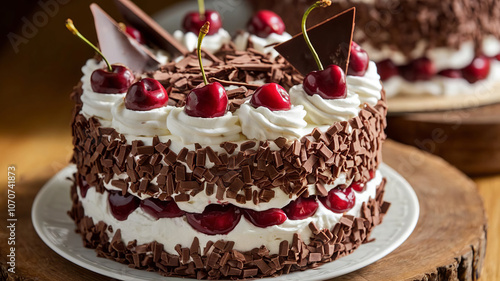 Wallpaper Mural Black Forest Cake with layers of chocolate sponge, whipped cream, and cherry filling, topped with chocolate shavings and whole cherries, close-up, macro, generative AI Torontodigital.ca