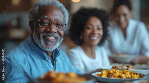 A cheerful elderly man smiles at the camera while two women, a daughter and a granddaughter, present delicious homemade dishes on a dining table. The ambiance is warm and inviting.