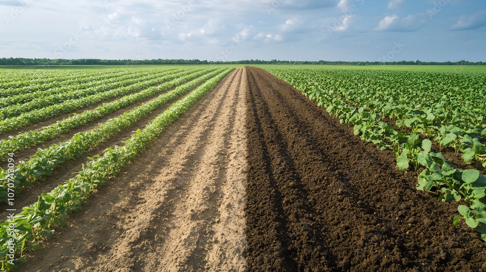 Two Rows of Crops Separated by Tilled Soil in a Field Two Rows of Crops Separated by Tilled Soil in a Field