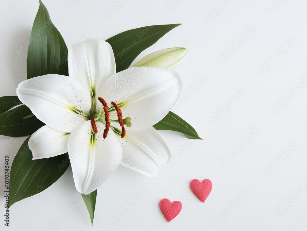 Fototapeta premium Elegant White Lily with Green Leaves and Hearts