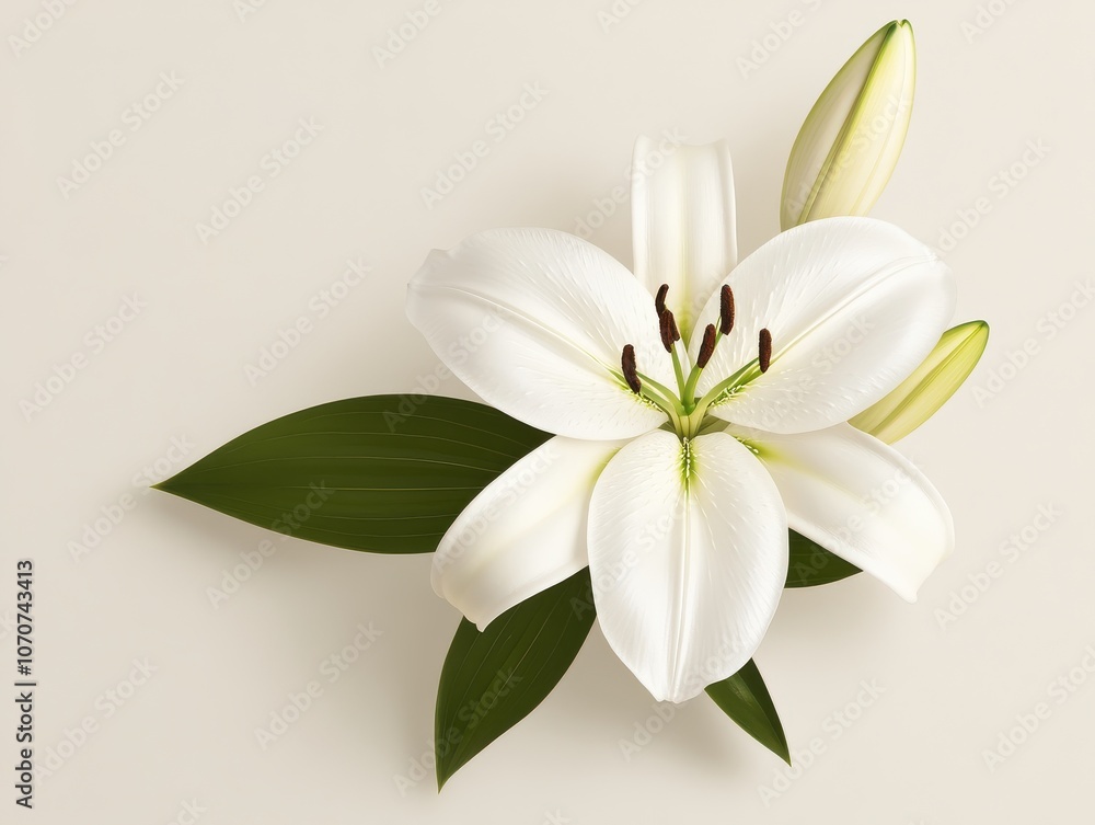 Elegant White Lily with Soft Curves and Green Leaves Elegant White Lily with Soft Curves and Green Leaves