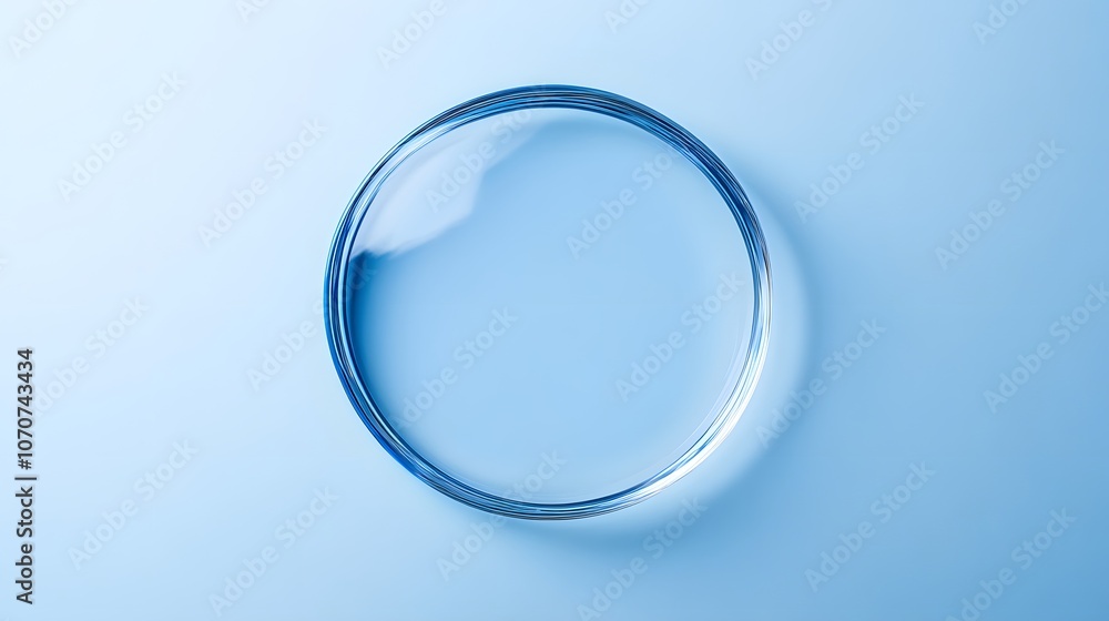 A Clear Circular Glass Dish on a Light Blue Background