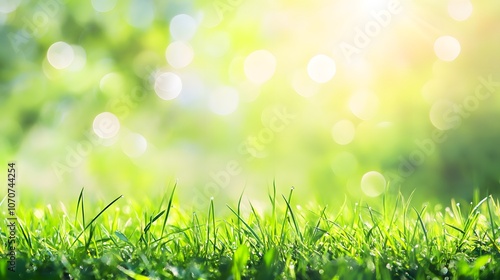 Dewy Green Grass with Blurred Bokeh Background photo