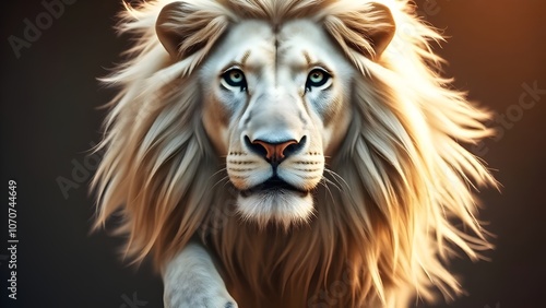 Majestic White Lion Staring Intently Beautiful Eyes Captivating Mane Powerful Presence Wild Animal photo