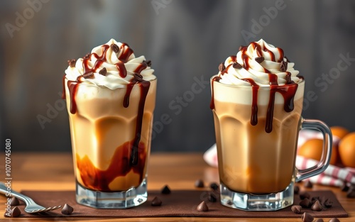 Two glasses of iced coffee topped with whipped cream, chocolate chips, and chocolate sauce are shown on a table photo