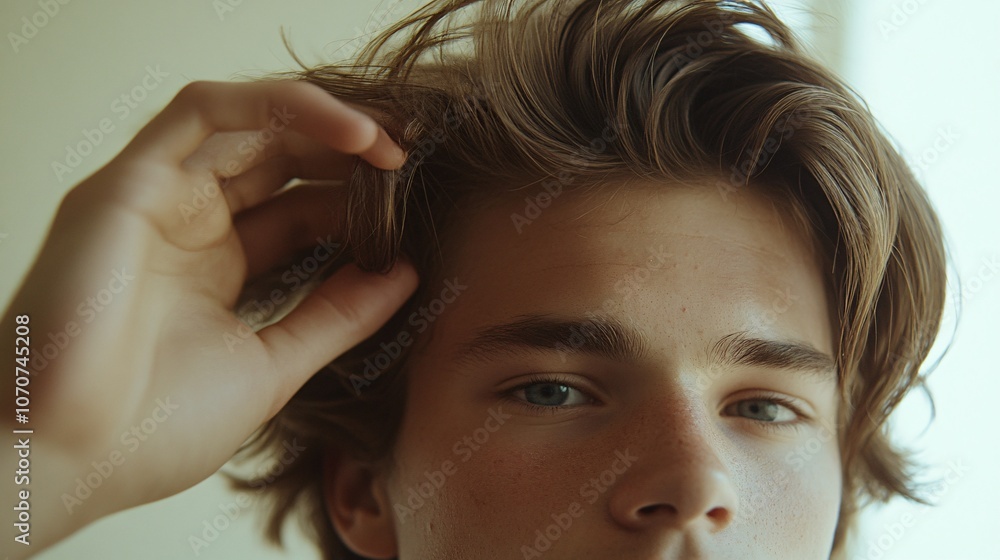 Obraz premium Young Man Gently Running Hand Through Hair Close-Up