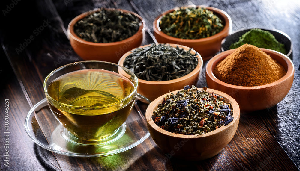 A variety of dried tea leaves and herbal infusions displayed in wooden bowls on a rustic table. The image conveys natural warmth and the concept of healthy relaxation A variety of dried tea leaves and herbal infusions displayed in wooden bowls on a rustic table. The image conveys natural warmth and the concept of healthy relaxation