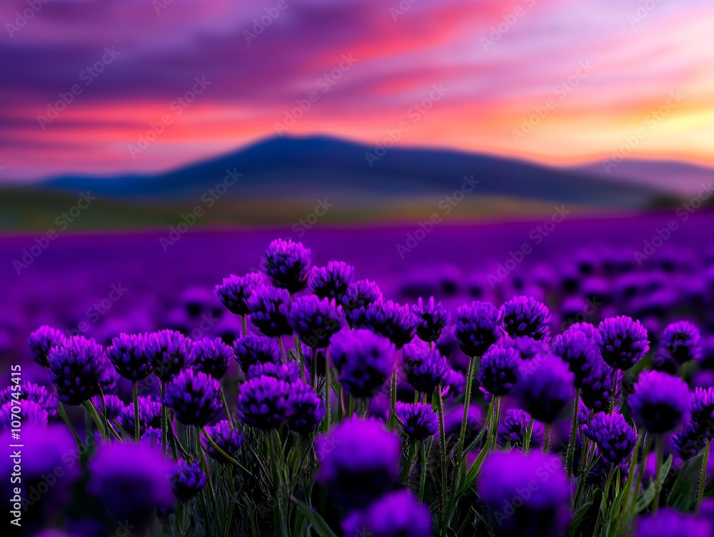 Obraz premium A field of purple flowers with a sunset in the background