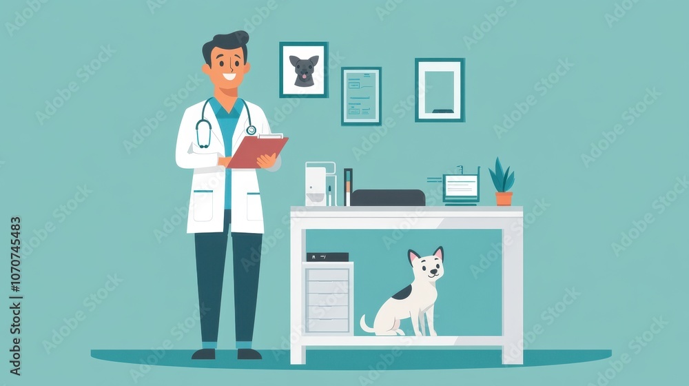 Fototapeta premium Illustration of a smiling male veterinarian with a small dog in a modern office setting