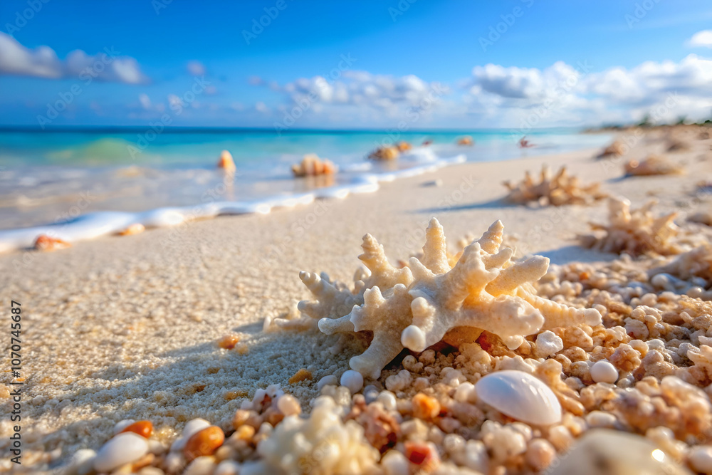 A serene beach scene capturing soft sand, delicate coral, and a vibrant blue ocean under a clear sky. A serene beach scene capturing soft sand, delicate coral, and a vibrant blue ocean under a clear sky.