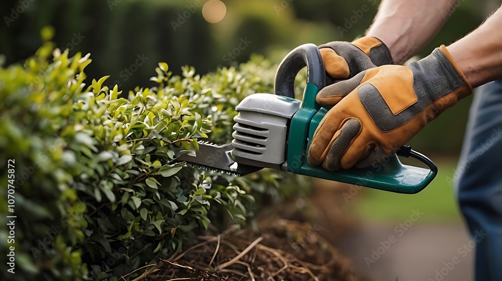 Fototapeta premium Cutting green leaves using an electric hedge trimmer